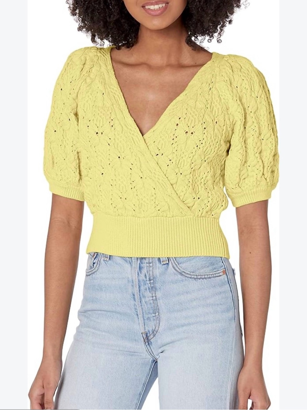 0239 Astr Lemon Yellow Knit Wrap V-Neck Sweater